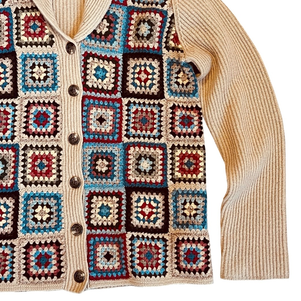 Ralph Lauren Sz S Vintage 1996 Crochet Patchwork Lambswool Cardigan Sweater - Picture 4 of 13